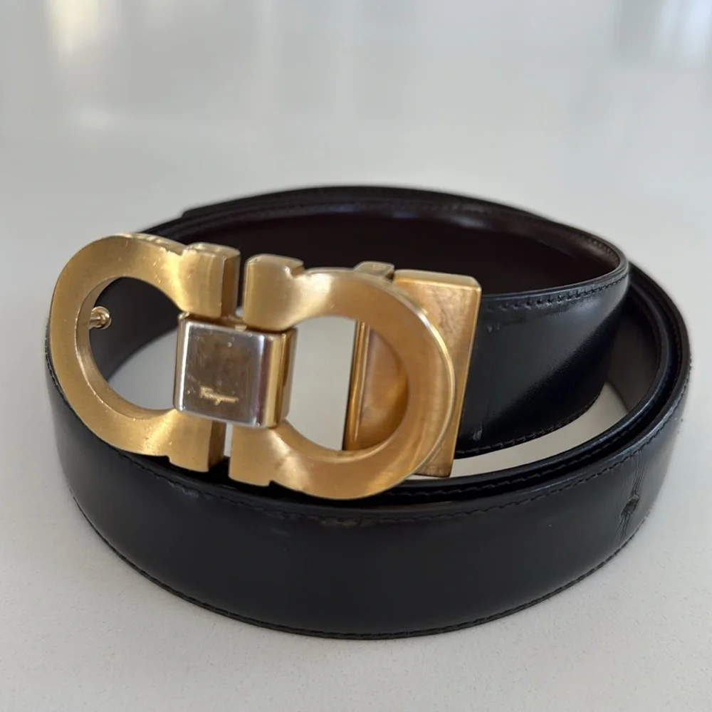 Salvatore Ferragamo Gold Dark Brown Leather Gancini Belt size 40”